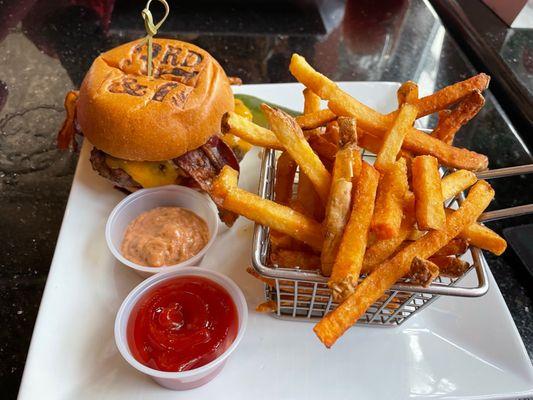 Bacon cheese burger and French fries