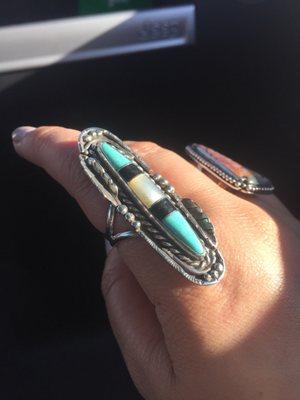 Native American estate jewelry. Sterling silver with turquoise, onyx and mother of pearl. Free sizing included in the price.