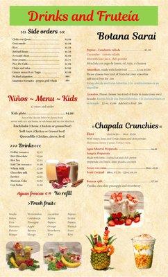 Menu - Drinks, Sides, Fruit, Kids Plates, and "Chapala Crunchies"  (Prices retrieved on  3/15/2022) (Prices effective 3/2022)