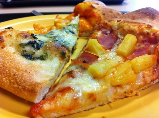 Spinach Alfredo pizza and pine apple with Canadian ham