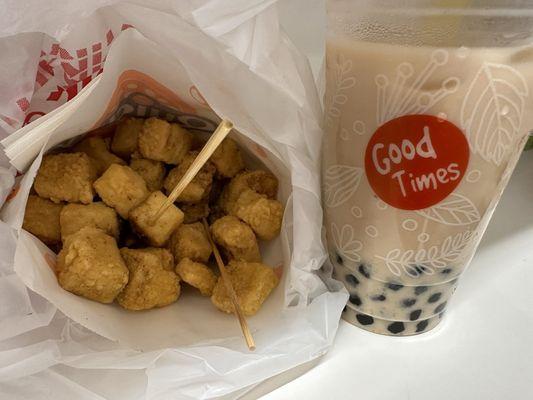 Fried Tofu and Almond Milk Tea with Boba