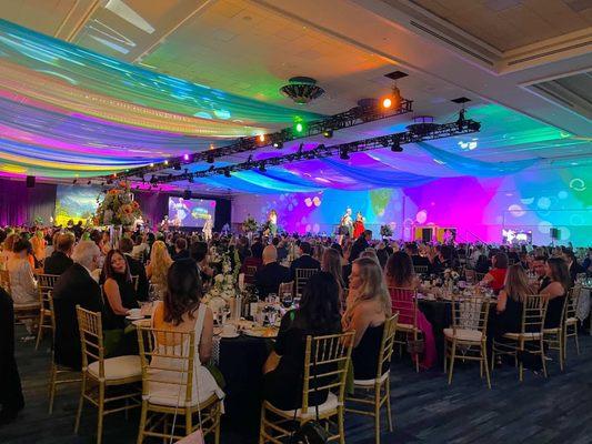 Ballroom event lighting and decor for a gala inside the Tampa Convention Center