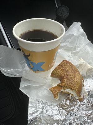 French toast bagel and small coffee I believe the company of the coffee is three beans but I can't be certain. I'm sure I botched that name.