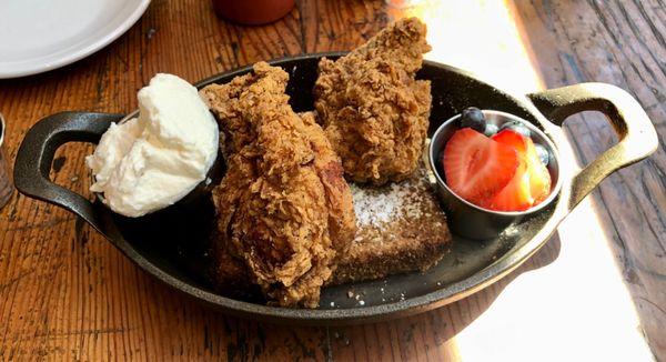 Chicken and Toast, with a side of berries and whipped cream. Only 1 slice of bread, but still delicious