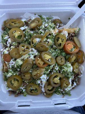 Carne Asada Fries with added jalapeño and cilantro