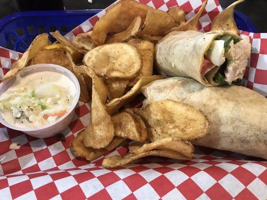 Calypso chicken wrap with homemade chips and coke slaw