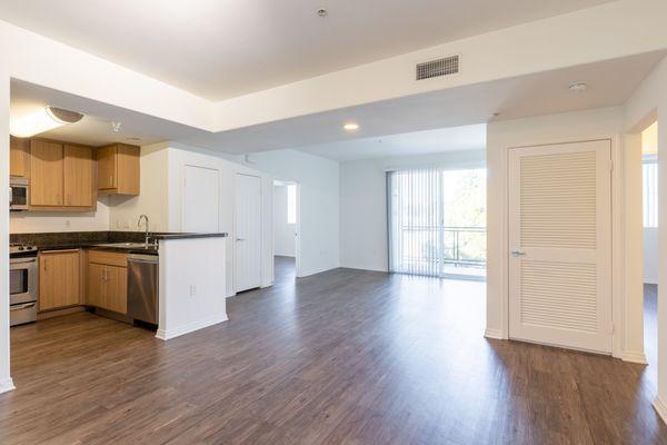 Open floorplan living space with wood plank style flooring and Al Fresco style sliding doors that open up to a balcony with mountain views.