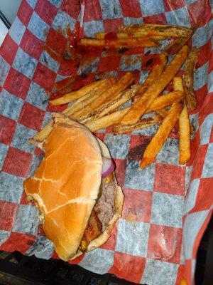 Bacon cheddar cheeseburger and fresh cut fries.