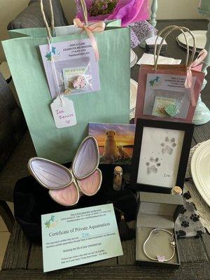 Butterfly Urn, paw print & matching bracelet with ashes inside.