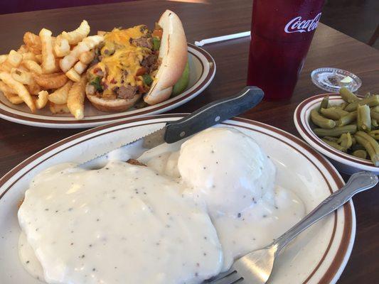 Chicken fried steak w mashed potatoes and green beans: beef and cheddar crisper