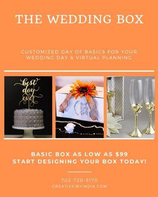 Now introducing the wedding box!
Custom day of items for your wedding day or event.
Wedding Box Shop coming soon.