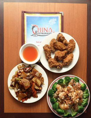 fried chicken, potato beef and hong kong shrimp