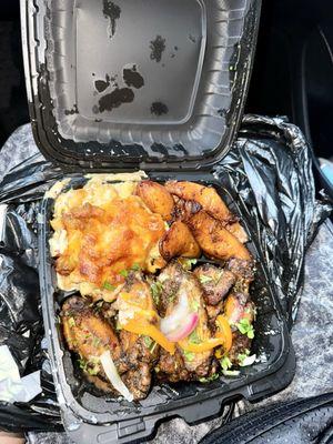 Wingz & Tingz with grilled jerk wings, Ja'mac and Cheese, and Plantains