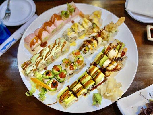 Top to bottom: Red Lobster Roll Hulk Maki Roll and Samurai Roll Kiss of Fire Roll and Spider Roll Dragon Roll and Alligator Roll