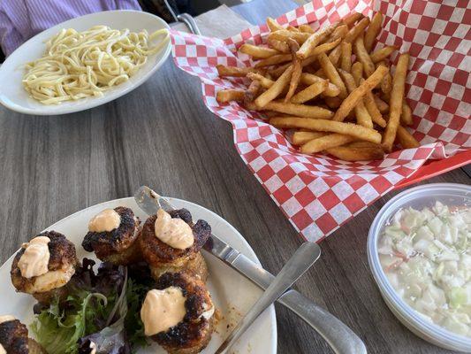 Kids butter pasta and fries. Shrimp and grits. Cole slaw.