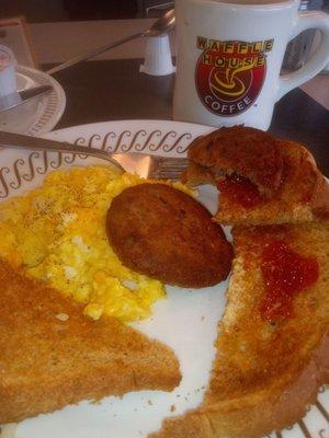 2 egg scram with pattie sausage and wheat toast