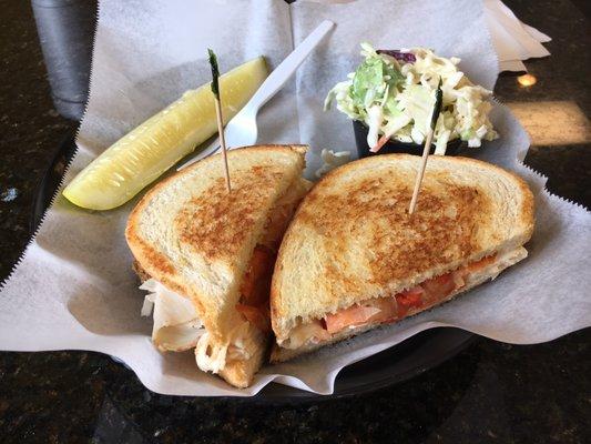 The Ellis Island - chicken breast, pepperoni, roasted red pepper, and mayo on toasted sourdough.  Check out the huge pickle!!