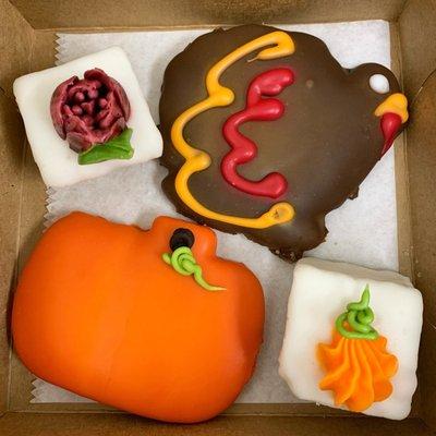 Thanksgiving themed sugar cookies and petit fours!