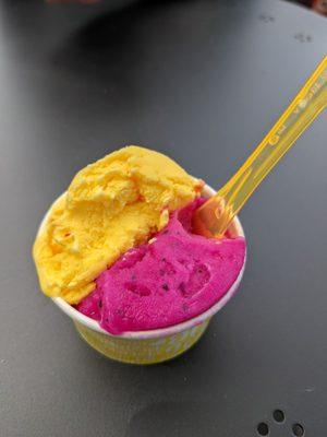 Rosewater saffron (yellow) gelato and pitaya aka dragon fruit (magenta) dairy free sorbet