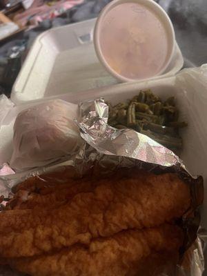 Delicious fried catfish - string beans- potato salad    & a roll