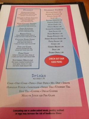 Dinner menu