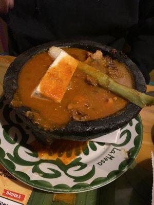 Molcajete, didn't get everything in it but came with tortillas, rice and beans.