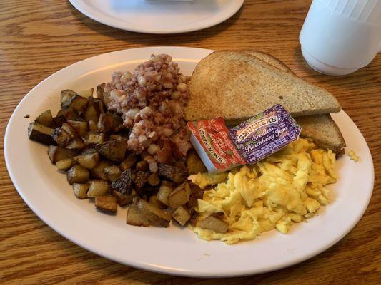 2 Eggs, Corned-beef,home fries, rye.