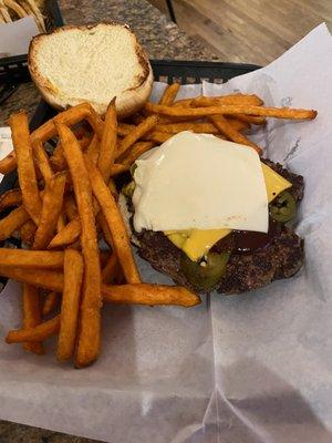 Plumbers special burger with sweet potato fries