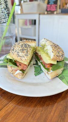 Bagel Sandwich $11 Just Egg, Tomato, Spinach, Guacamole, Cream Cheese, Salt & Pepper on an Everything Bagel