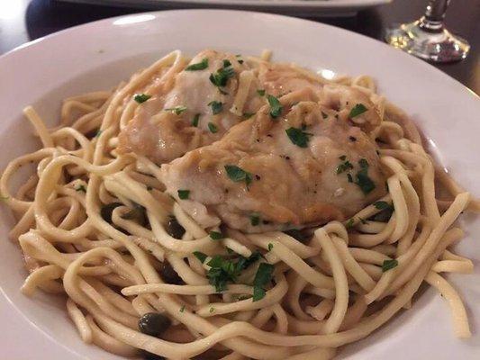 Chicken Piccata over fresh pasta.  The chicken was moist, tender and tangy, just delicious.