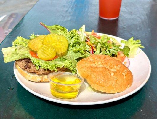 Palouse Burger (gluten-free bun) with Alehouse Salad (no croutons, egg on the side)