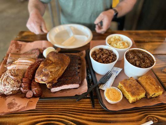 Half pound of all the meats and pinto beans, chili, and baked potato casserole.