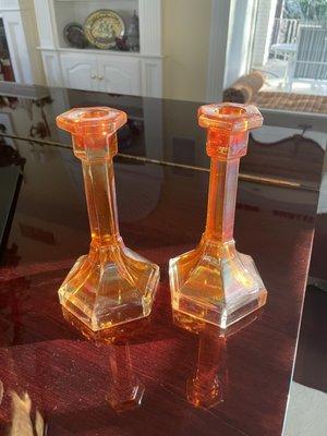 Candle stick holders--vintage 1920s carnival glass