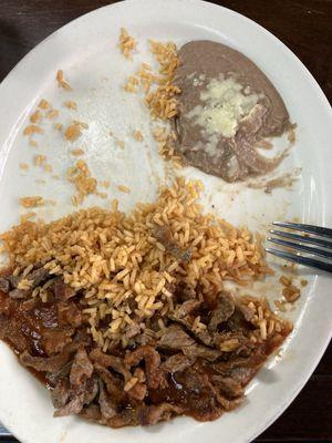 steak, rice, refried beans