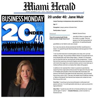 Partner Jane Muir selected by the Miami Herald for its Business Monday feature 20 Under 40