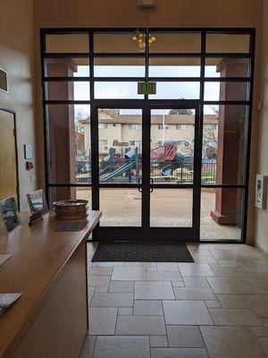 Looking out the front doors of the church.