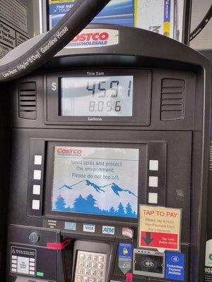 8 gallons for $45.91 or $5.70 a gallon at Costco Sunnyvale CA, Oct 12, 2022, compared to $4.69 a gallon at Costco Honolulu