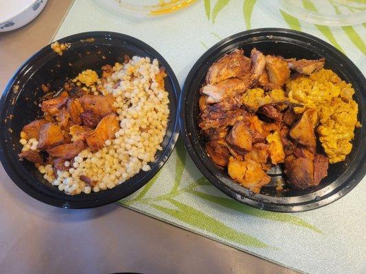 Sweet potato, Israeli cous cous, chicken, more sweet potato, curried cauliflower!