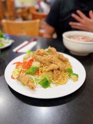 Salt & pepper fish fillets + garlic noodles