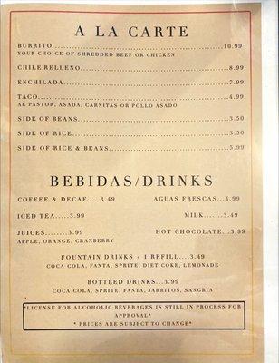 Drinks menu  - this will be changing soon I predict when they get license.  Also ala carte menu.