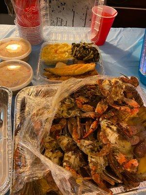 Fried Whiting Platter, Macaroni and Cheese, Collard Greens, Seafood Salad and Garlic Butter Crabs Full Dozen