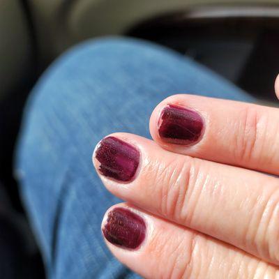 Yesterday I got the worst manicure. No cuticle care and uneven polish job that wore off the tips in mere hours.