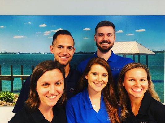 Back row left to right: Josh, DPT, CSCS. Caleb PT, DPT.  Front row left to right: Sonja, Receptionist. Erica, PTA. Sarah, Tech.