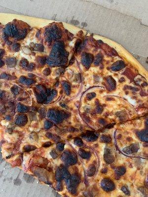 Burnt pizza.