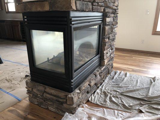 Heatnglo Pier 3 sided fireplace that needed some attention. This is pre-cleaning and inspection from another angle.