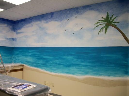 Seaside mural in EMG exam room, McLean County Orthopedics. $300 one wall, $600 whole room.