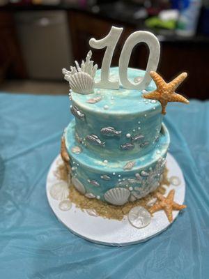 Chocolate cake with chocolate buttercream filling. Each of the shells and fish were made with white chocolate! Simply divine!!!