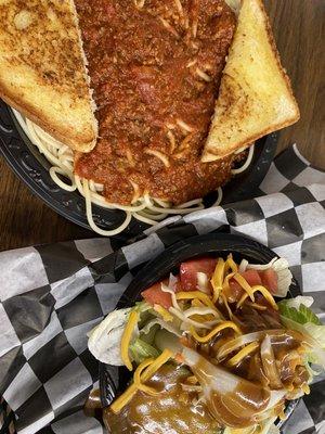 Spaghetti and salad