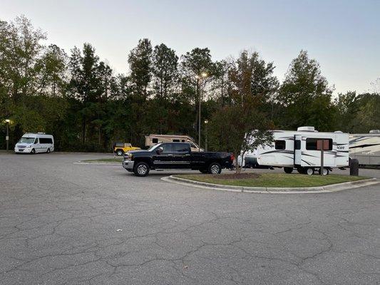 RVs in the lot at sunrise