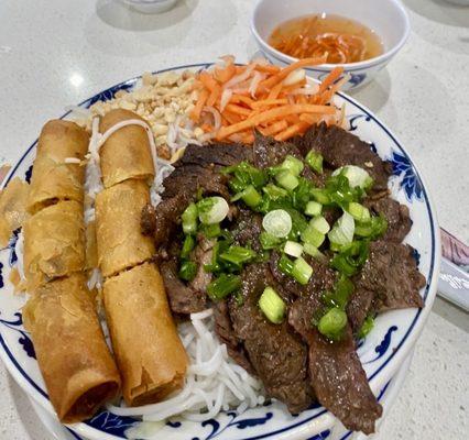 Noodles with Egg rolls and  Fillet Mignon